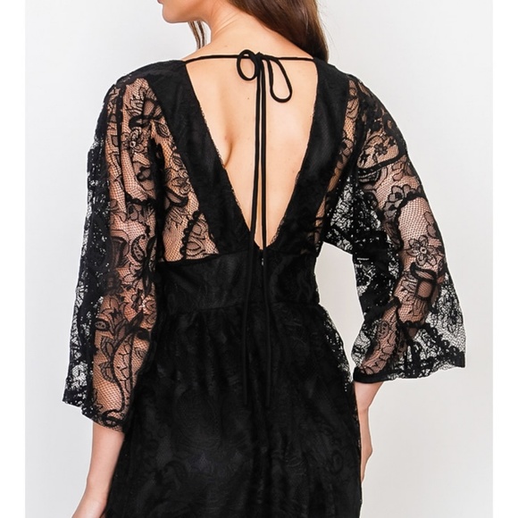 Black Sheer Lace Plunging V Neck Kimono Midi Dress - Picture 5 of 8